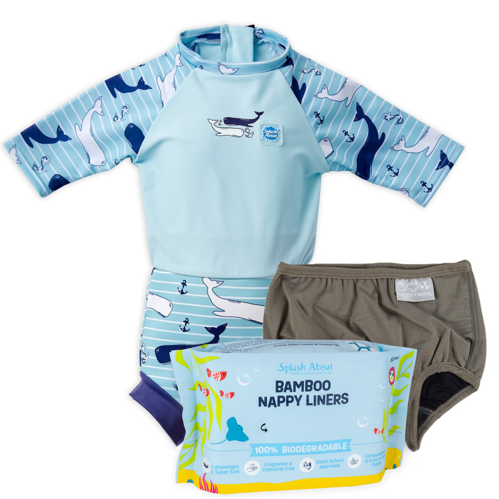 Happy Nappy™ Sunsuit, Silver Lining Nappy Wrap & Liners Bundle